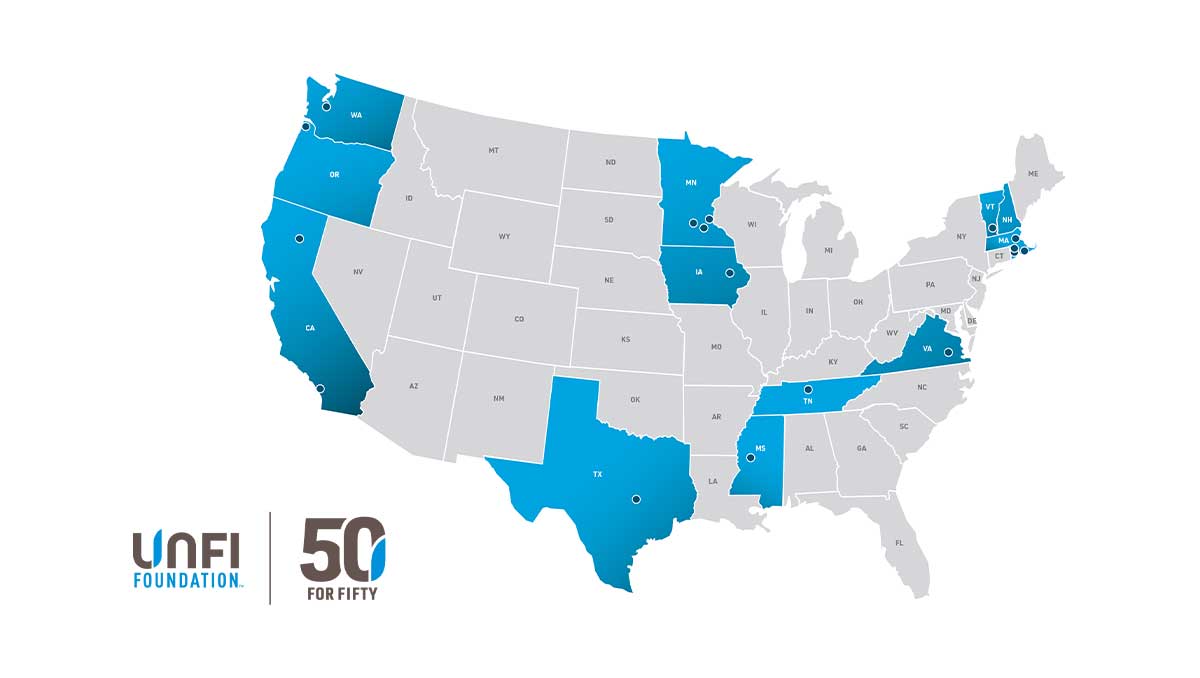 A U.S. map highlighting selected states in blue to show locations associated with the UNFI Foundation’s ‘50 for Fifty’ initiative. Blue states include Washington, Oregon, California, Minnesota, Iowa, Missouri, Arkansas, Texas, Tennessee, North Carolina, Maine, New Hampshire, Vermont, Massachusetts, Connecticut, and Rhode Island. 