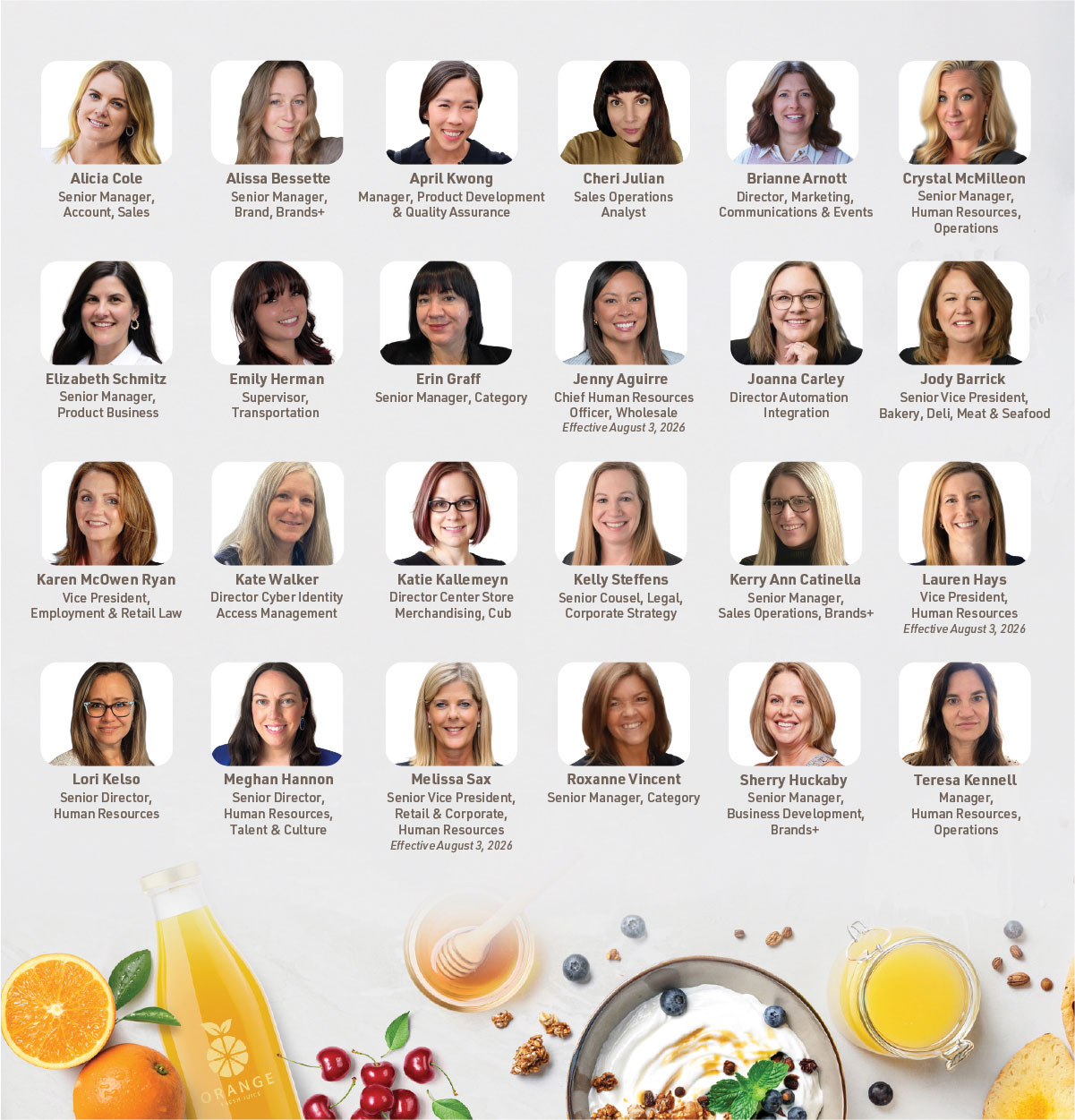 Graphic recognizing 25 recipients of the 2026 TWIG SWIG awards. Employee headshots with names and job titles are displayed in a grid, with decorative food imagery along the bottom. Recipient names and titles are provided in the accompanying text.