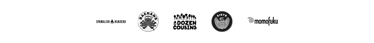 Spanglish Asadero, Bachan's, A Dozen Cousins, Siete, Momofuku logos