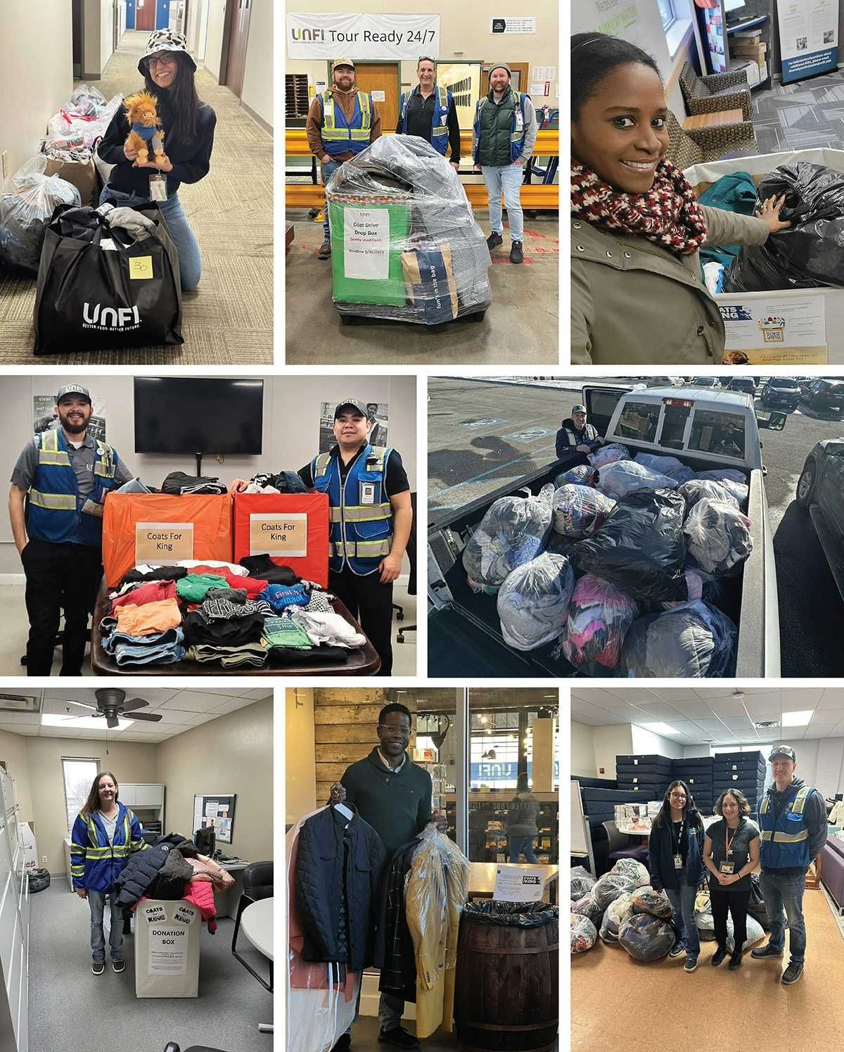 Collage of UNFI associates dropping off donations for Coats for King clothing drive.