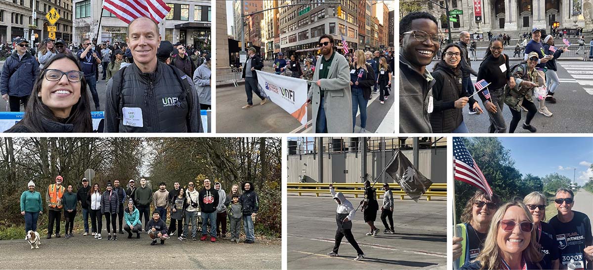 Collage of UNFI associates celebrating and expressing gratitude to veterans in the New York City Veterans Day Parade and the Wounded Warrior Project Carry Forward 5K.